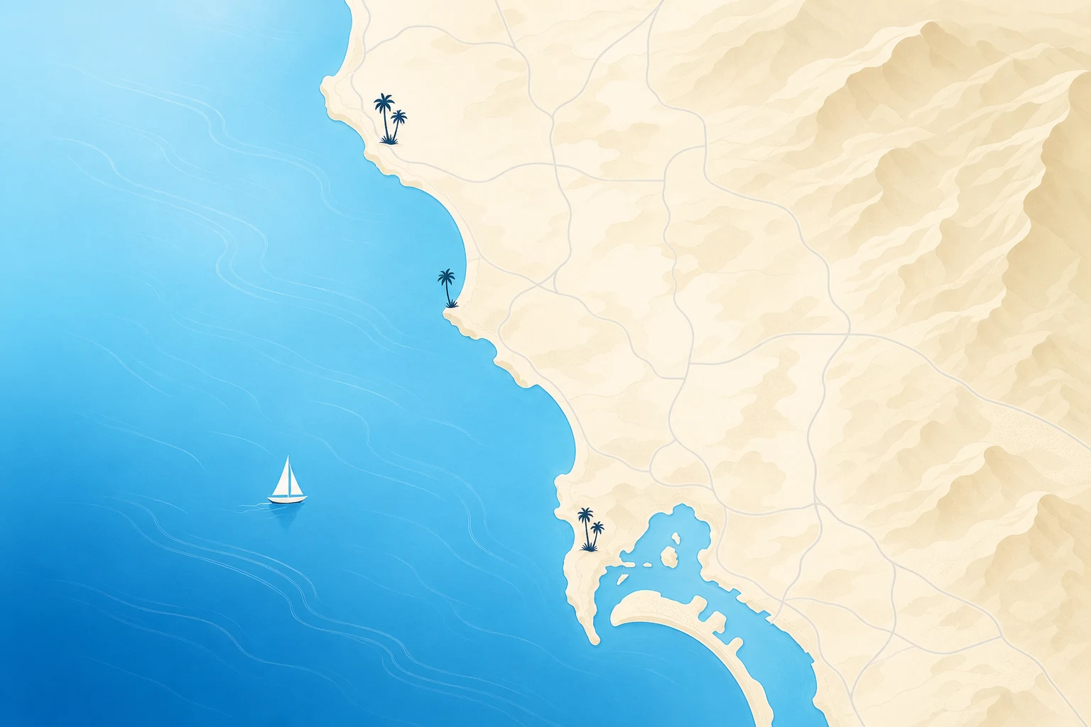 Stylized map of San Diego County — the Pacific coastline and San Diego Bay with inland communities to the north and east