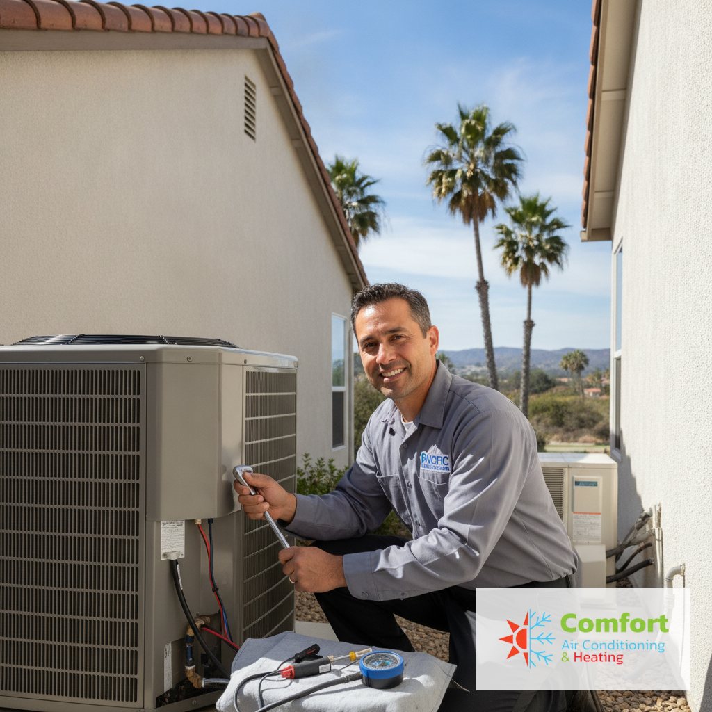 Comfort Air Conditioning & Heating technician tuning a condenser at a San Diego home