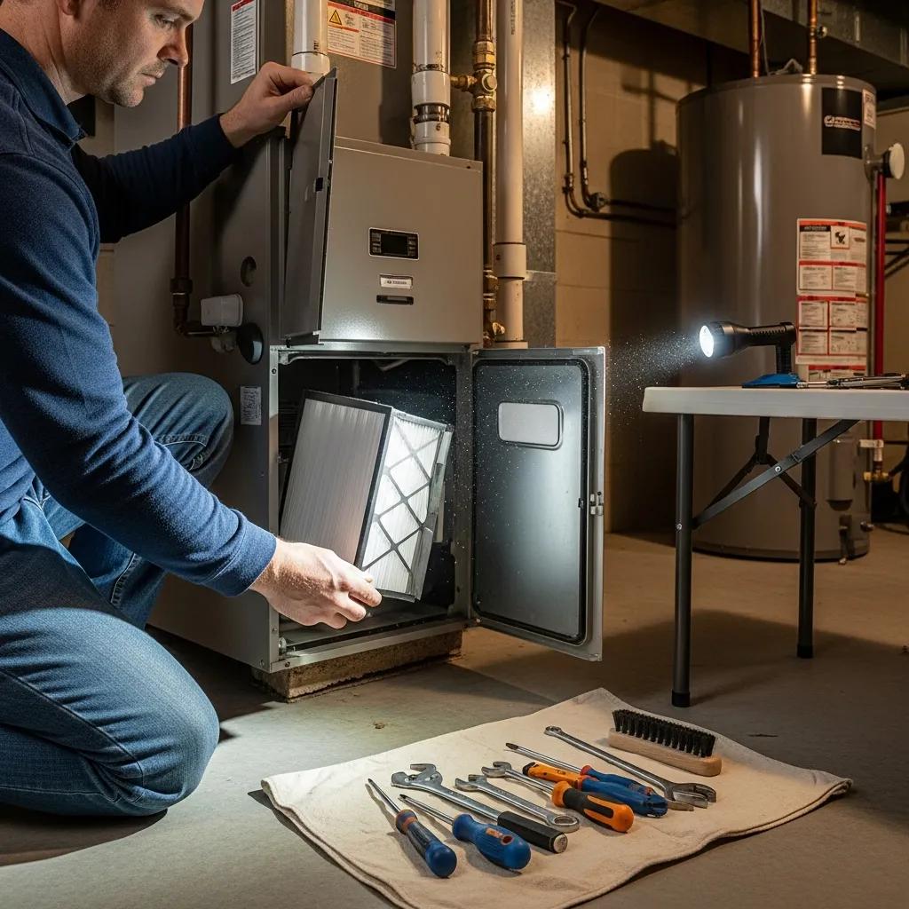 Homeowner performing DIY maintenance on a heating system, emphasizing practical tasks for efficiency
