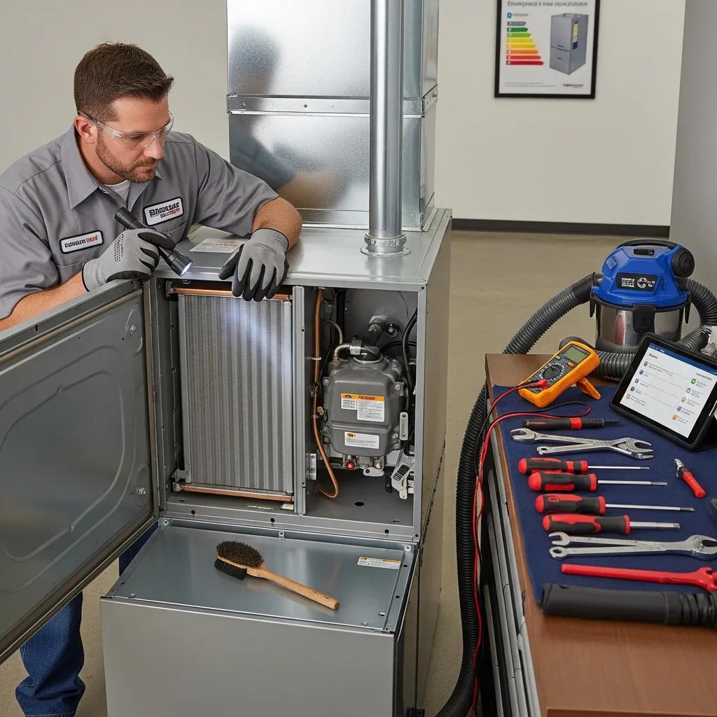 HVAC technician performing a furnace tune-up, illustrating professional maintenance tasks for safety and efficiency