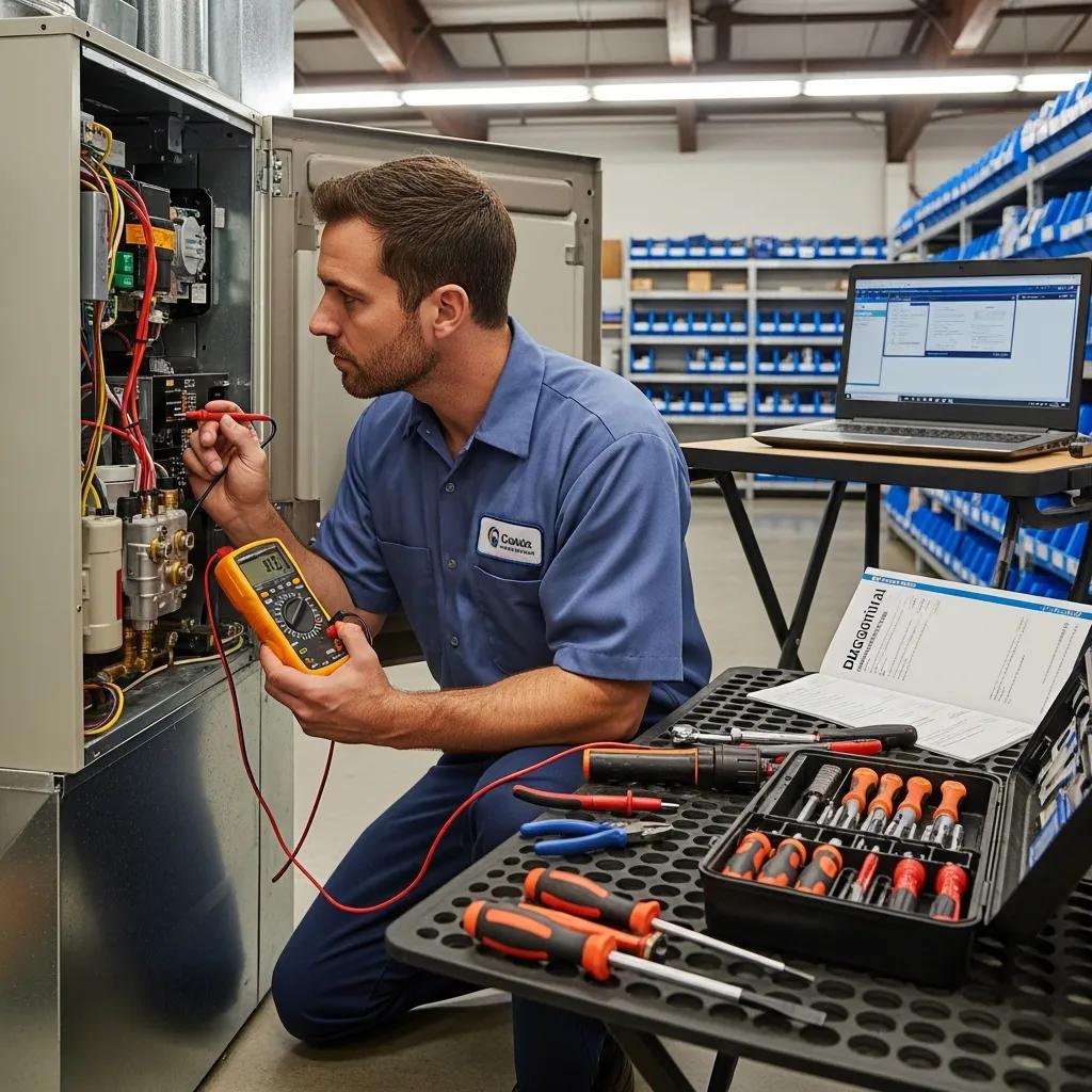 Technician diagnosing a furnace to identify common heating problems
