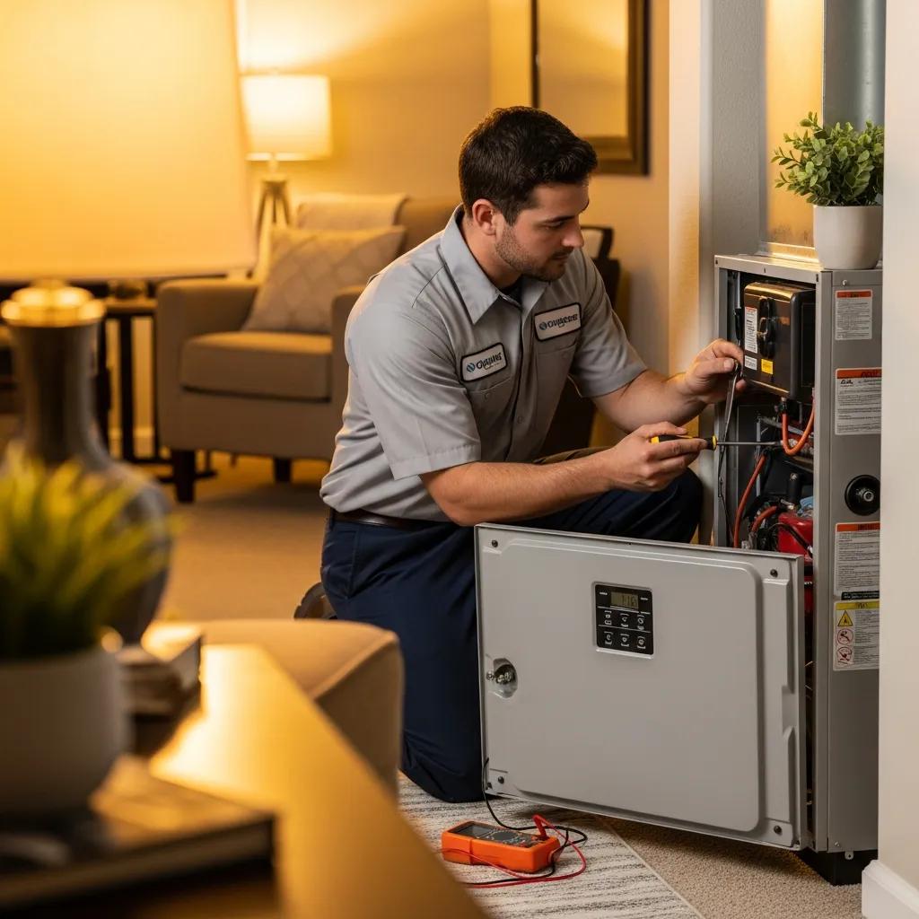 Technician inspecting a furnace in a cozy San Diego home, highlighting furnace services