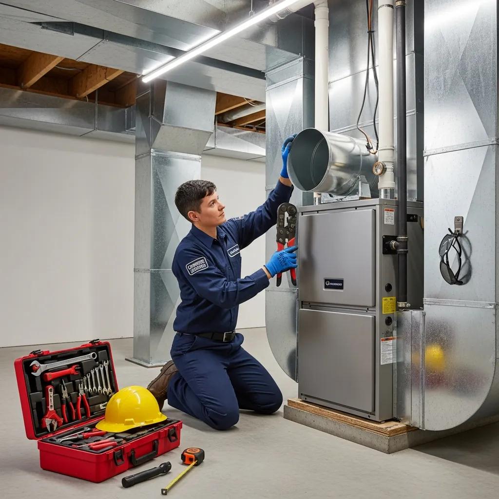 Technician performing a professional furnace installation and setup