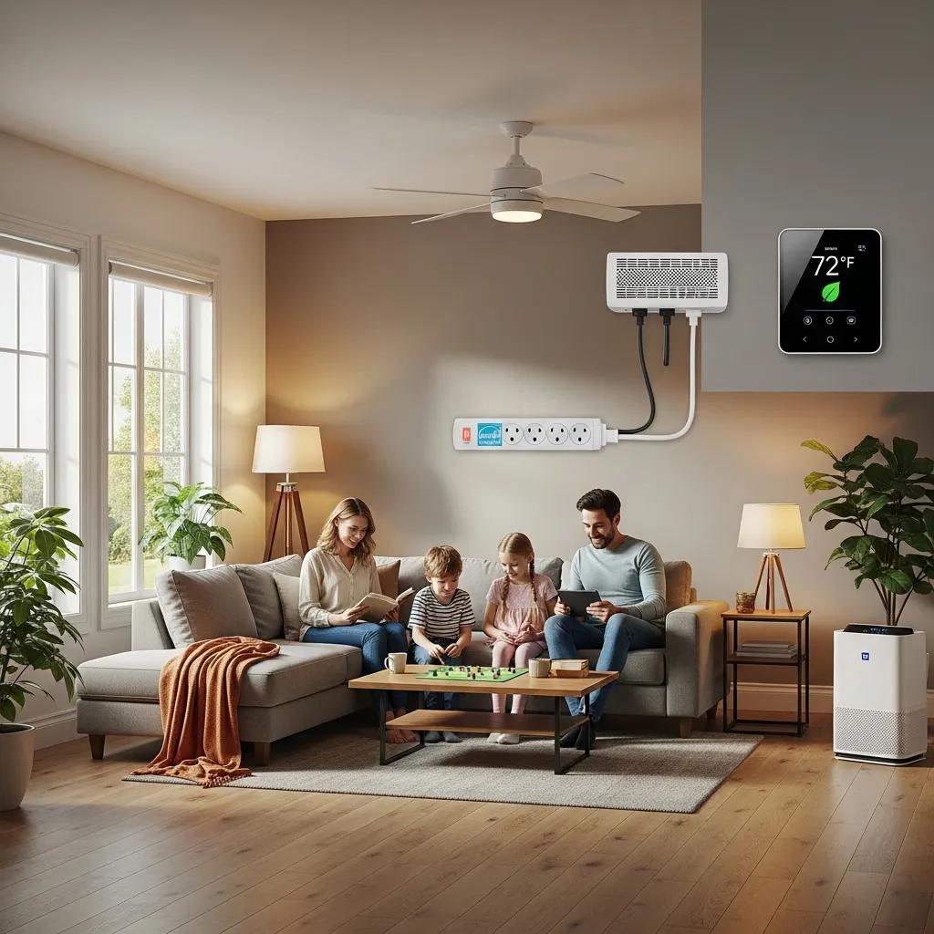 Cozy living room with a smart thermostat, emphasizing home energy efficiency and comfort