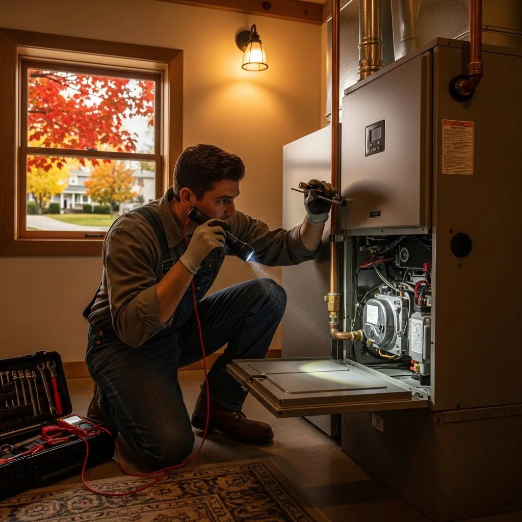 Technician inspecting a furnace in a cozy home during fall