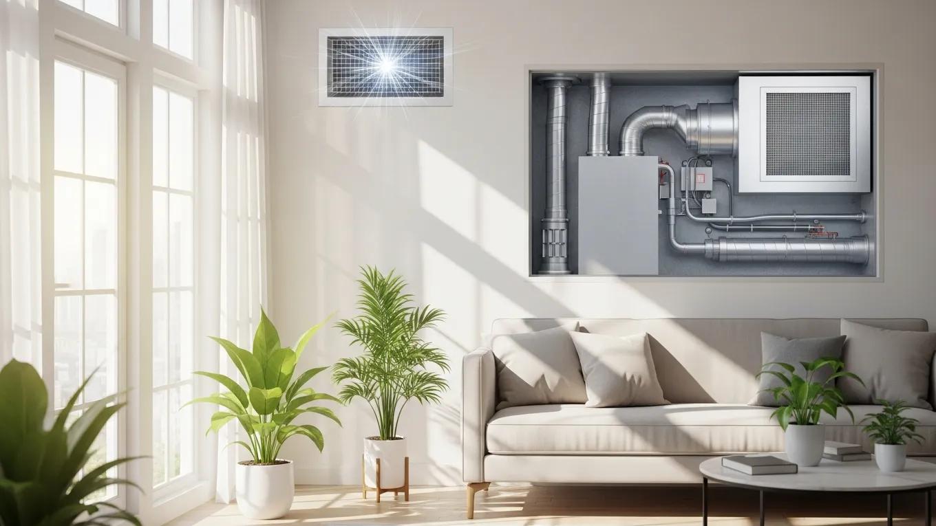 HVAC Blog 2 Modern living room with visible HVAC system emphasizing the benefits of professional duct cleaning
